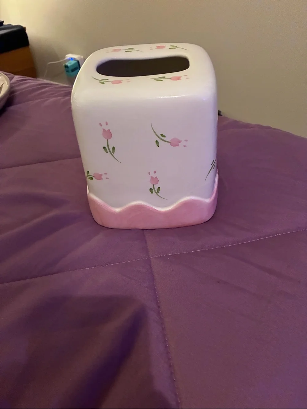 Ceramic Pink Floral Tissue Box Cover - White & Pink